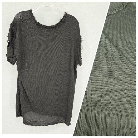 Distressed Mesh Knit Shirt Women Medium Green Short Sleeve Sheer Grunge Punk Tee - Picture 2 of 13